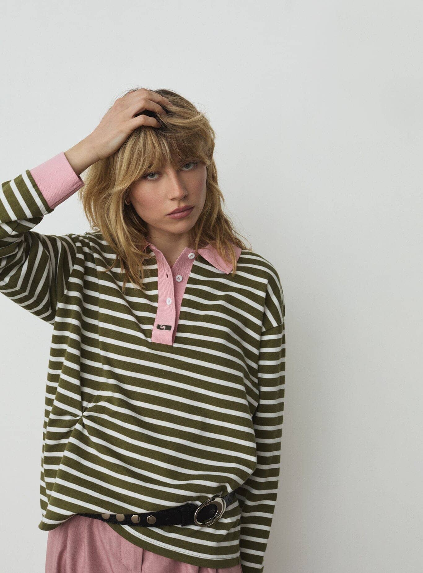 DUSE KHAKI STRIPED LONGSLEEVE POLO T-SHIRT - Image 3