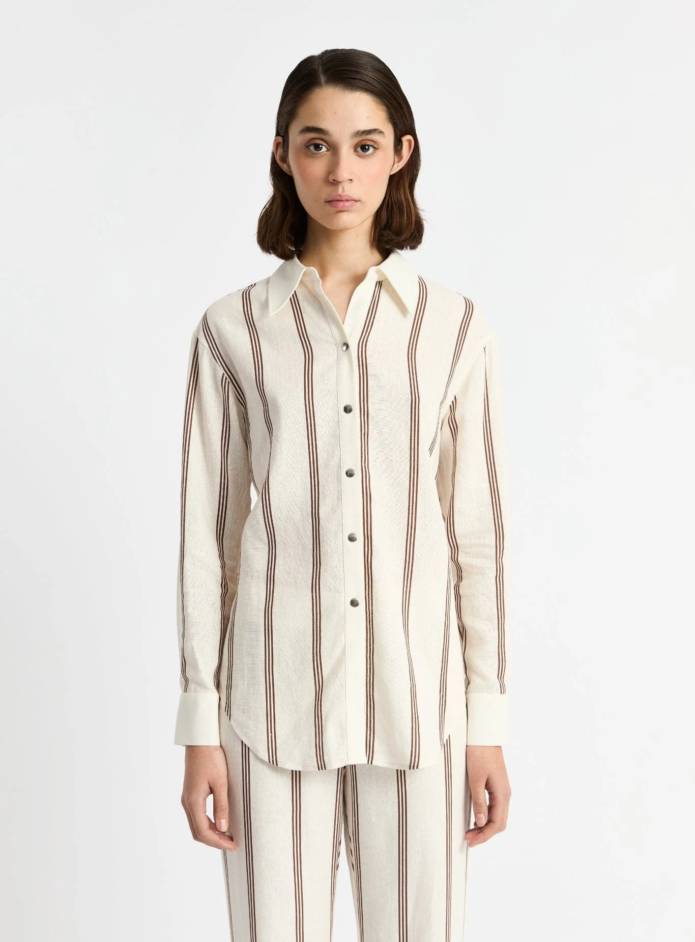 SAGA BROWN STRIPED PLEATED SHIRT - Image 2