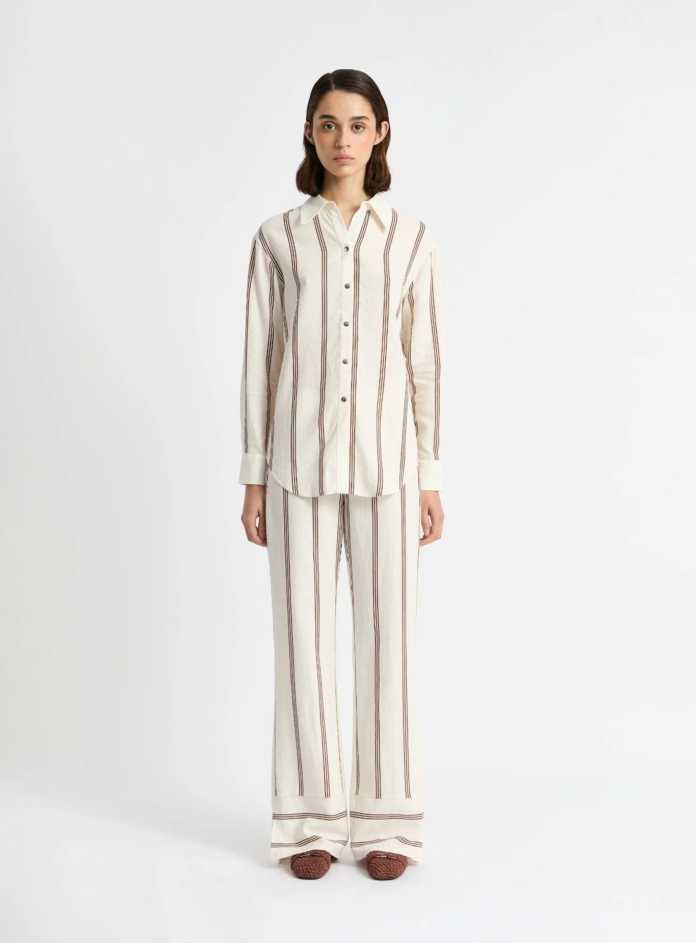 SAGA BROWN STRIPED PLEATED SHIRT - Image 4